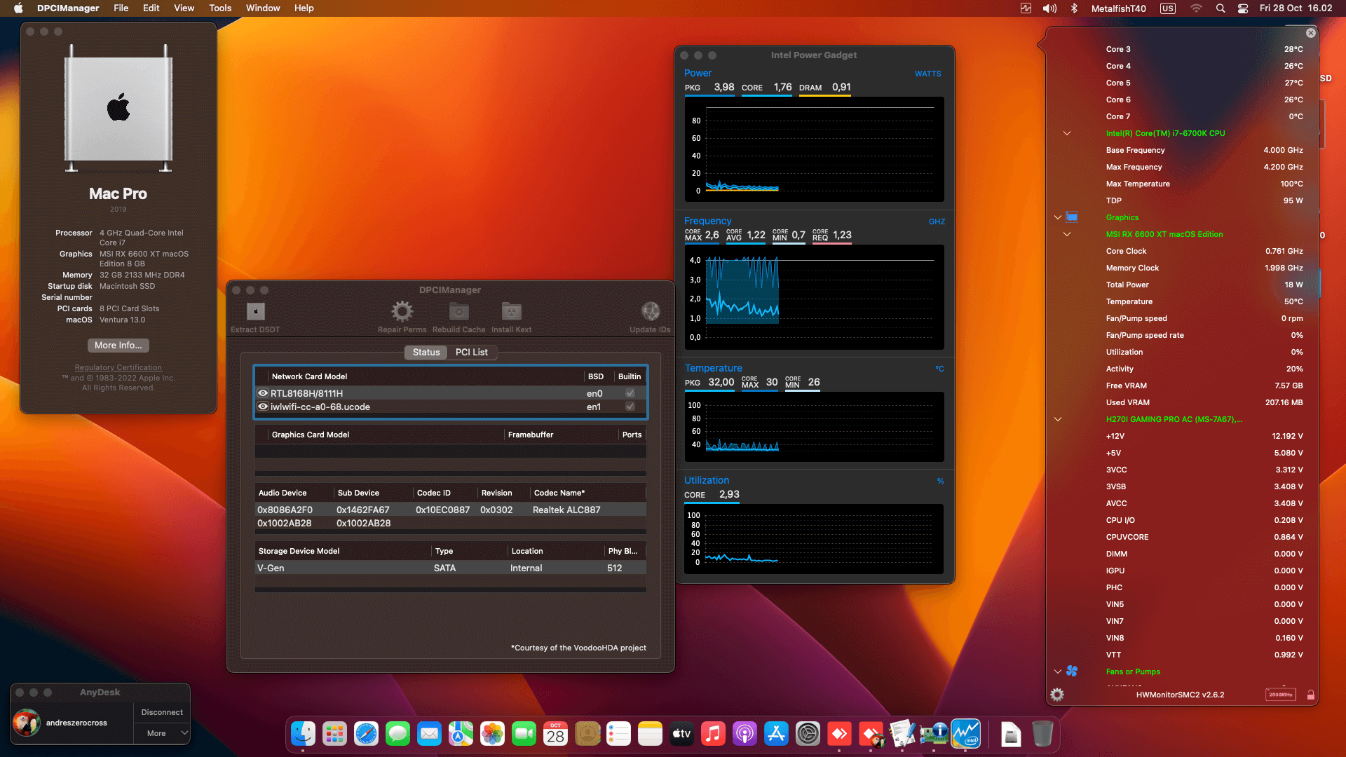 Success Hackintosh macOS Ventura 13.0 Build 22A380 in MSI H270I Gaming PRO AC + Intel Core i7 6700K + MSI RX 6600 XT